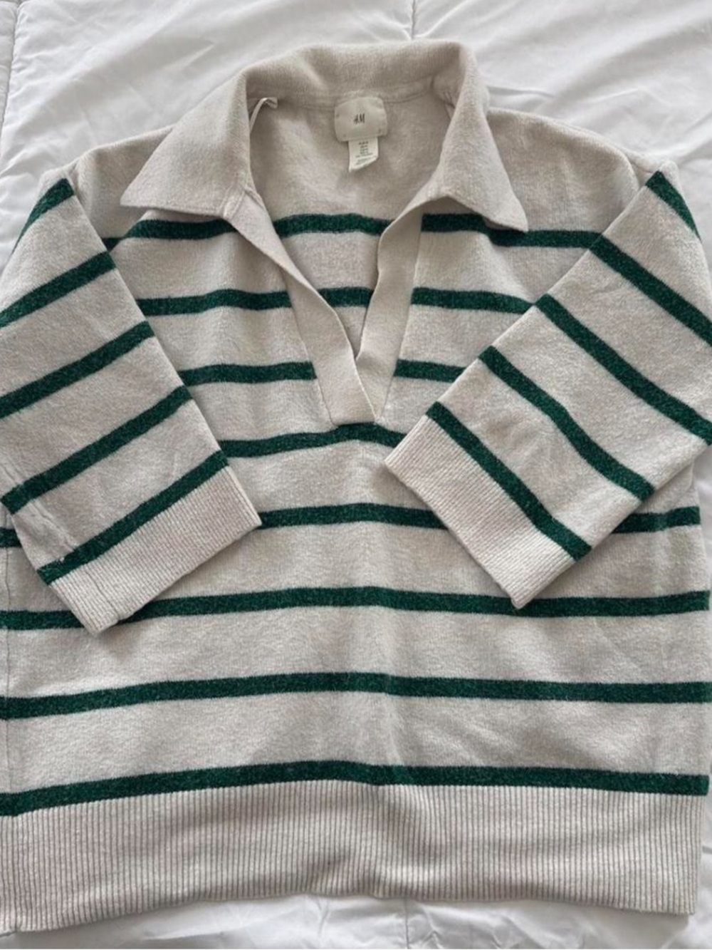 H&M Cream Sweater with Dark Green Stripes V-Neck Polo